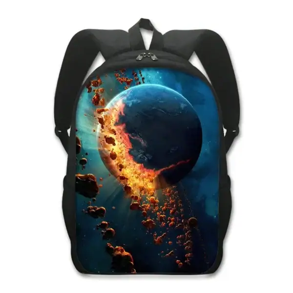 Sac à dos avec design d'une planète en explosion dans l'espace.