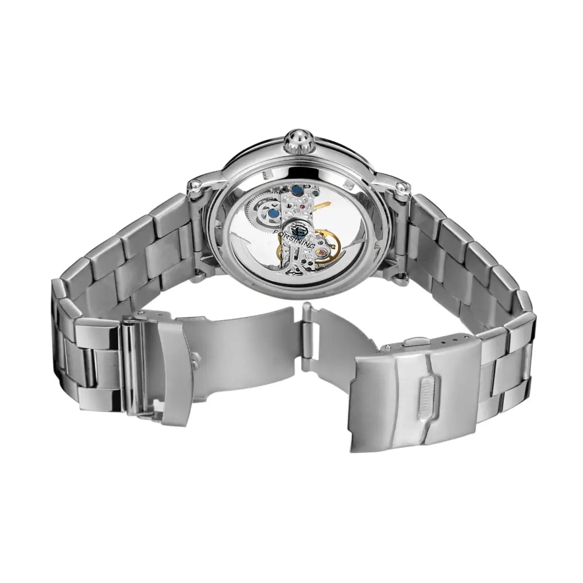 Montre mécanique transparente en acier avec mouvement visible, bracelet en métal, design moderne et sophistiqué, idéale pour les amateurs de horlogerie.