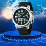 Montre sportive numérique et analogique résistante à l'eau, avec affichage digital et aiguilles classiques, idéale pour les activités en plein air et la plongée.