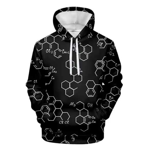Veste à capuche avec motif moléculaire en blanc sur fond noir, inspirée de la chimie et des sciences. Parfait pour les amateurs de science et de décoration originale.