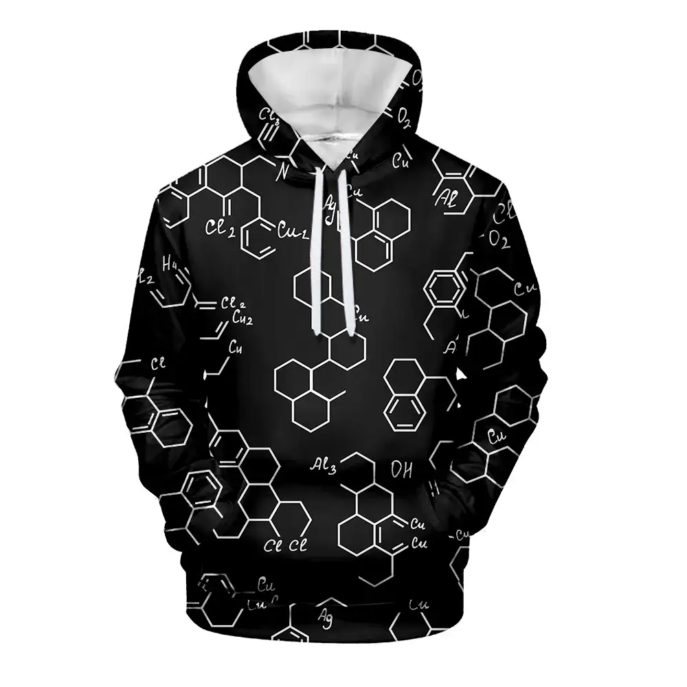 Veste à capuche avec motif moléculaire en blanc sur fond noir, inspirée de la chimie et des sciences. Parfait pour les amateurs de science et de décoration originale.