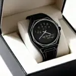 Montre scientifique noire avec cadran numérique, design moderne et élégant, présentée dans une boîte de présentation. Parfaite pour les amateurs de science et de style contemporain.