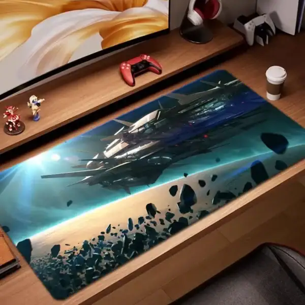 Tapis de bureau avec design de vaisseau spatial futuriste et espace cosmique, idéal pour les amateurs de science-fiction et de décoration moderne.