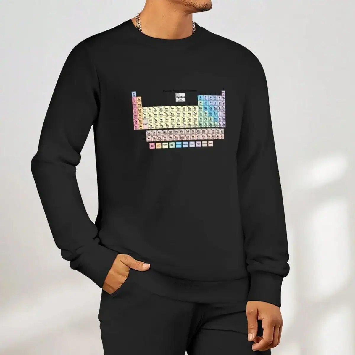 Vêtement homme avec design inspiré du tableau périodique des éléments chimiques, parfait pour les amateurs de science et de décoration geek.