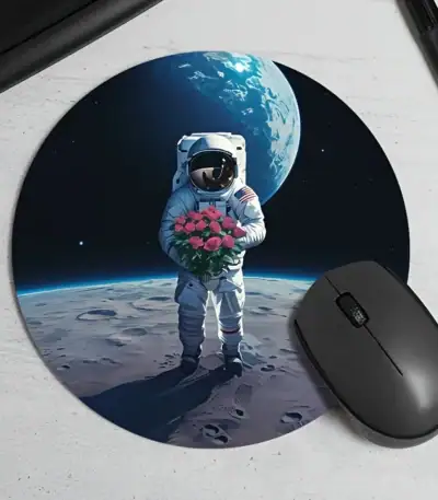 Illustration d'un astronaute tenant un bouquet de fleurs sur la surface lunaire avec la Terre en arrière-plan, symbolisant la paix et l'exploration spatiale.