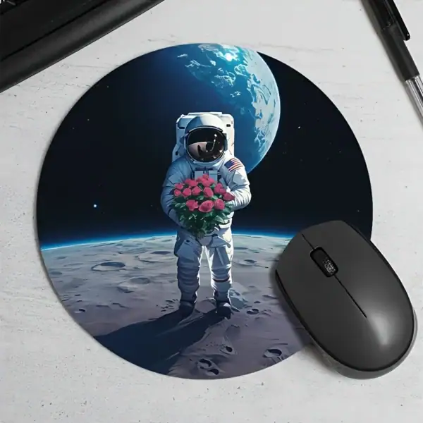 Illustration d'un astronaute tenant un bouquet de fleurs sur la surface lunaire avec la Terre en arrière-plan, symbolisant la paix et l'exploration spatiale.