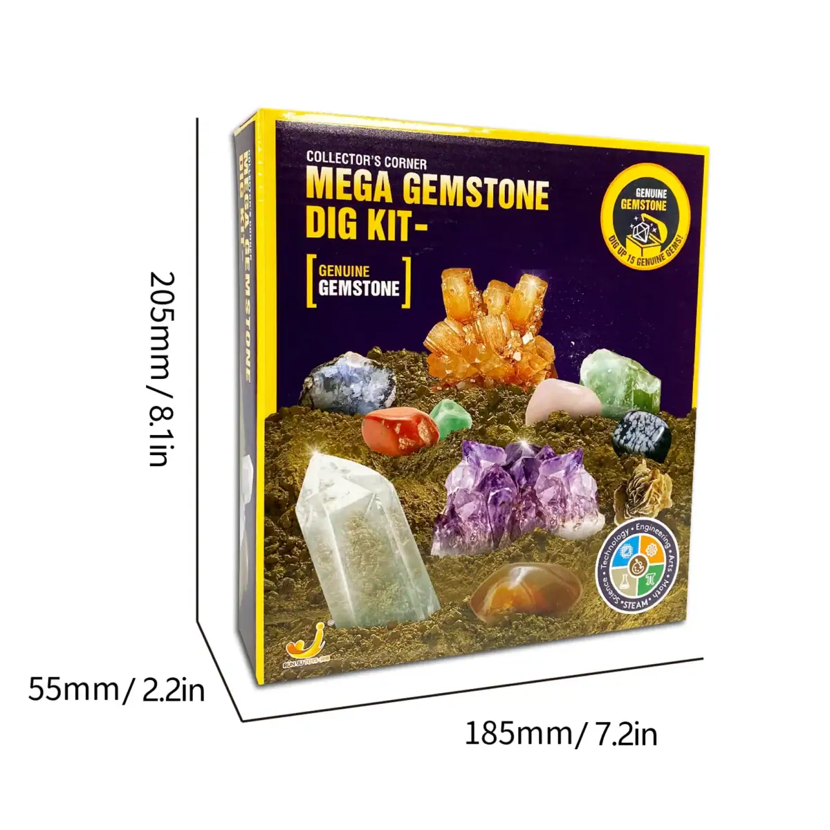 Kit de fouille de minéraux avec divers cristaux colorés et fossiles, idéal pour l'apprentissage ludique de la géologie et la découverte de pierres précieuses.