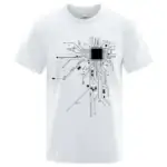 T-shirt blanc avec design de circuit électronique noir, parfait pour les amateurs de science et d'ingénierie.