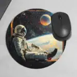 Vêtement d'astronaute sur un tapis représentant l'espace avec ordinateur et souris, créant une ambiance scientifique et futuriste.