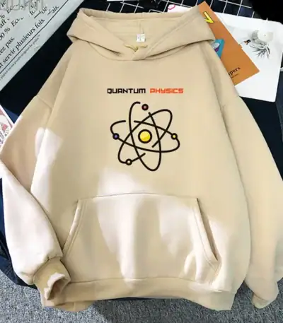 Vêtement à capuche avec motif atomique et texte "Quantum Physics" pour passionnés de science.