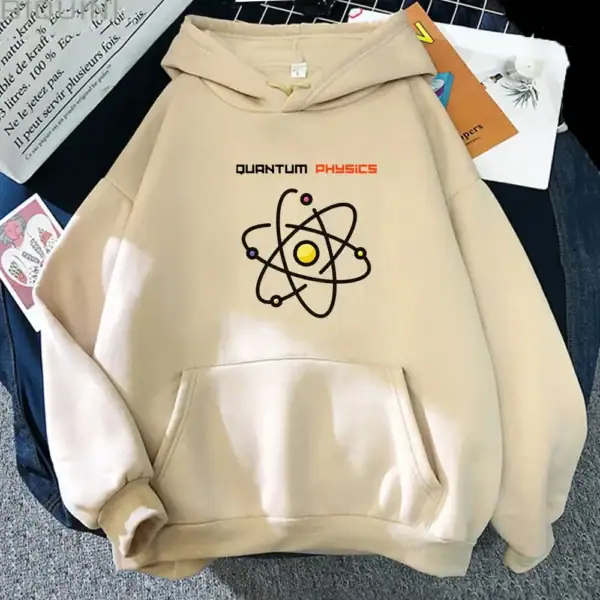Vêtement à capuche avec motif atomique et texte "Quantum Physics" pour passionnés de science.