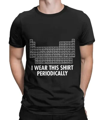 T-shirt noir avec un tableau périodique des éléments et la phrase "Je porte ce t-shirt périodiquement" en blanc.