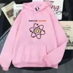 Veste à capuche rose avec logo atomique et texte "Quantum Physics" pour les passionnés de science.