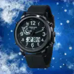 Montre homme avec affichage numérique et analogique, boîtier noir, étanche jusqu'à 50 mètres, design moderne et fonctionnel, idéale pour un style décontracté ou sportif.