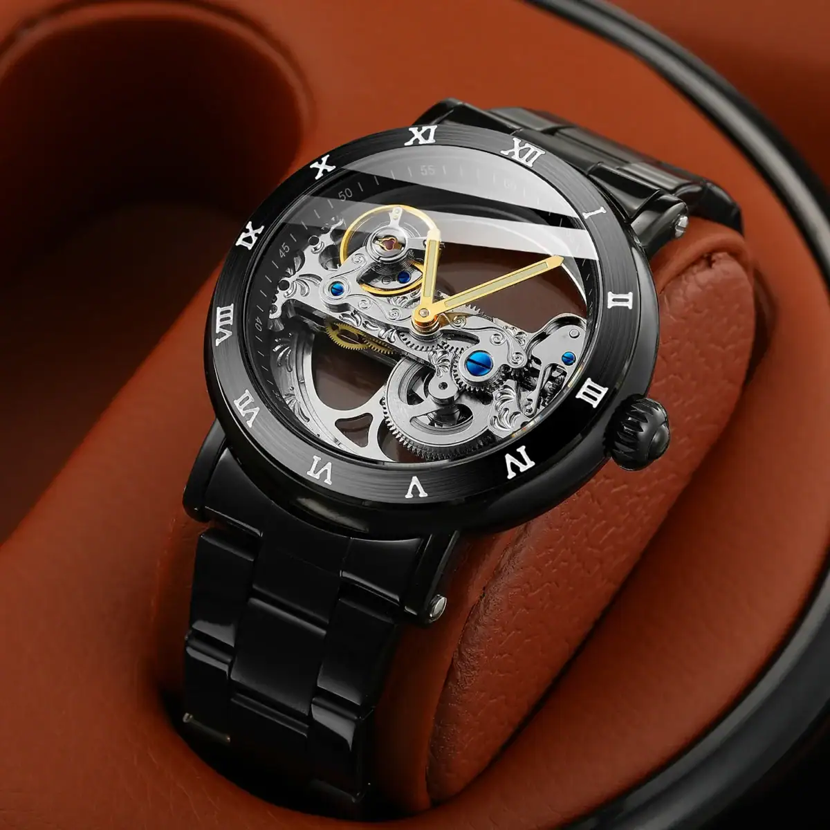 Montre squelette mécanique avec mouvement visible, boîtier noir et bracelet en acier, alliant style sophistiqué et technicité horlogère.