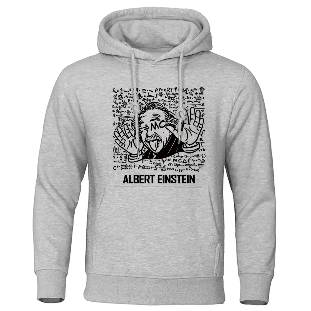 Sweat à capuche gris avec illustration humoristique d'Albert Einstein faisant un geste de paix, entouré de formules mathématiques et scientifiques.