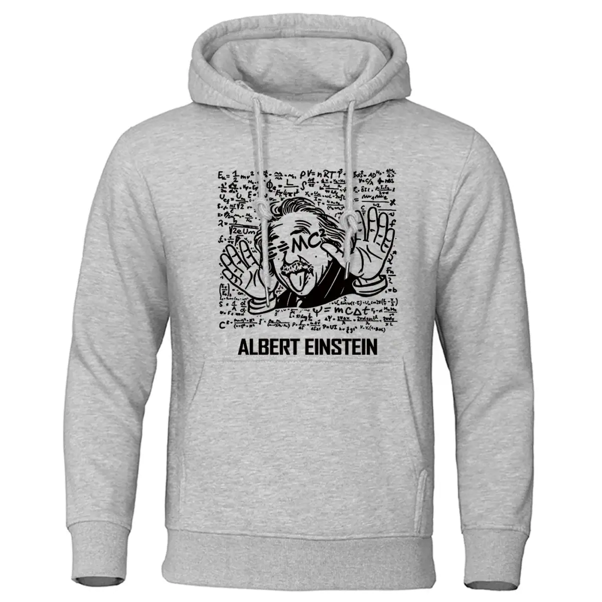 Sweat à capuche gris avec illustration humoristique d'Albert Einstein faisant un geste de paix, entouré de formules mathématiques et scientifiques.