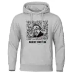 Sweat à capuche gris avec illustration humoristique d'Albert Einstein faisant un geste de paix, entouré de formules mathématiques et scientifiques.