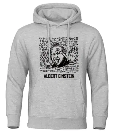 Sweat à capuche gris avec illustration humoristique d'Albert Einstein faisant un geste de paix, entouré de formules mathématiques et scientifiques.