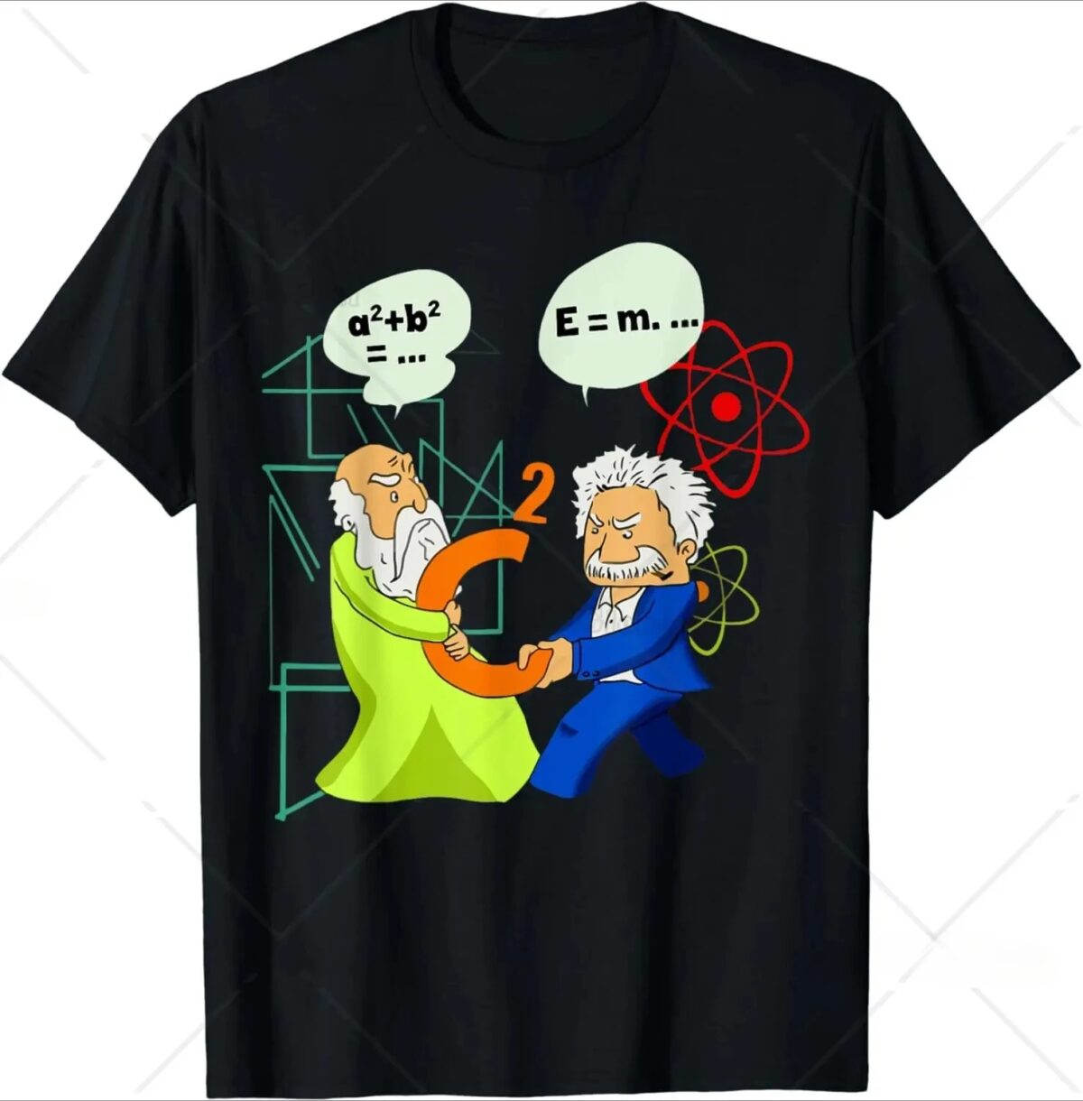Pendentif scientifique illustré avec deux personnages caricaturaux échangeant un symbole mathématique, entourés de formules et d'icônes atomiques, représentant la science et la recherche.