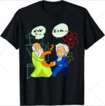 Pendentif scientifique illustré avec deux personnages caricaturaux échangeant un symbole mathématique, entourés de formules et d'icônes atomiques, représentant la science et la recherche.