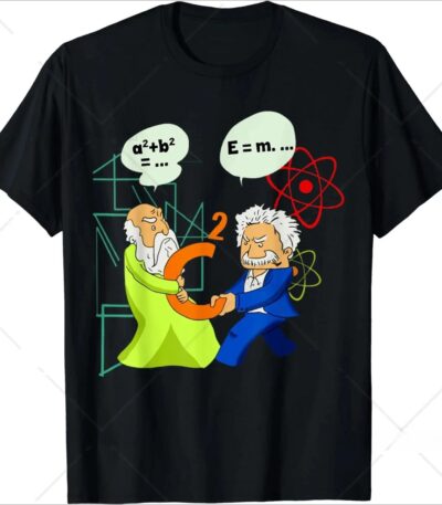 Pendentif scientifique illustré avec deux personnages caricaturaux échangeant un symbole mathématique, entourés de formules et d'icônes atomiques, représentant la science et la recherche.