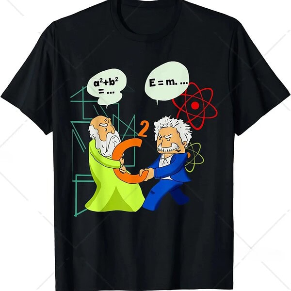 Pendentif scientifique illustré avec deux personnages caricaturaux échangeant un symbole mathématique, entourés de formules et d'icônes atomiques, représentant la science et la recherche.
