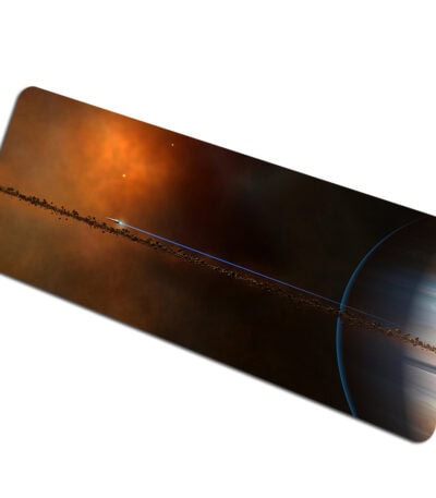 Image d'une vue de la Voie Lactée depuis l'espace, montrant un disque galactique lumineux avec un centre brillant et des bras spiraux s'étendant dans un fond sombre étoilé.