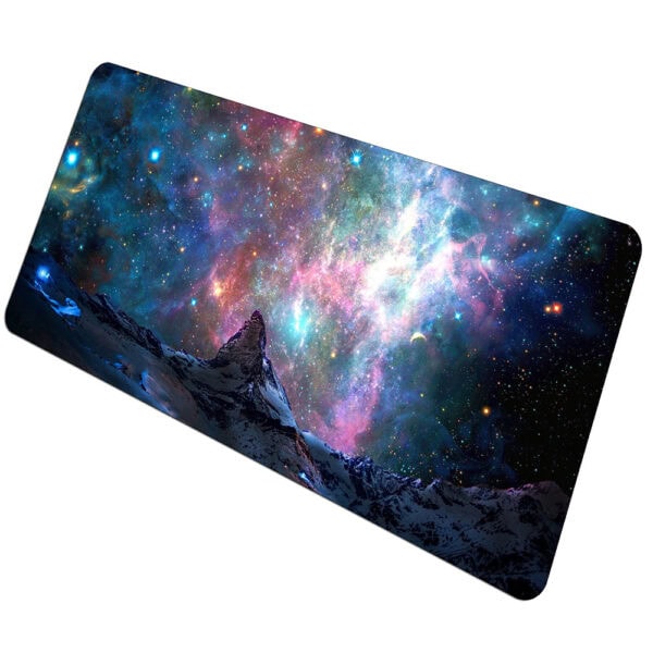Tapis de bureau avec motif de ciel étoilé et galaxie, idéal pour décoration scientifique et espace.