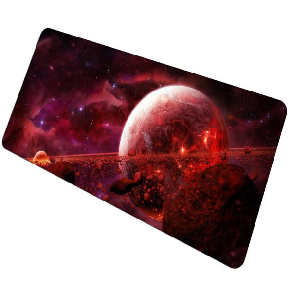 Planète rouge avec atmosphère mystérieuse et étoiles en arrière-plan, dans un décor spatial fantastique.