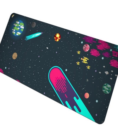 Panneau décoratif illustrant un univers spatial avec planètes, étoiles, et vaisseau futuriste dans un style graphique vibrant.