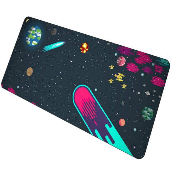 Panneau décoratif illustrant un univers spatial avec planètes, étoiles, et vaisseau futuriste dans un style graphique vibrant.