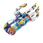 Modèle de robot mécanique articulé avec plusieurs articulations et composants en plastique coloré, illustrant la technologie robotique moderne.