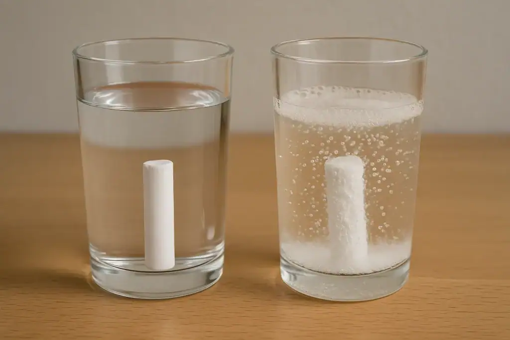 Zwei Gläser mit Wasser, eines mit einem aufgelösten Gas- oder Reaktionsprodukt, das andere mit einem festen Gegenstand, der aufgelöst wird.