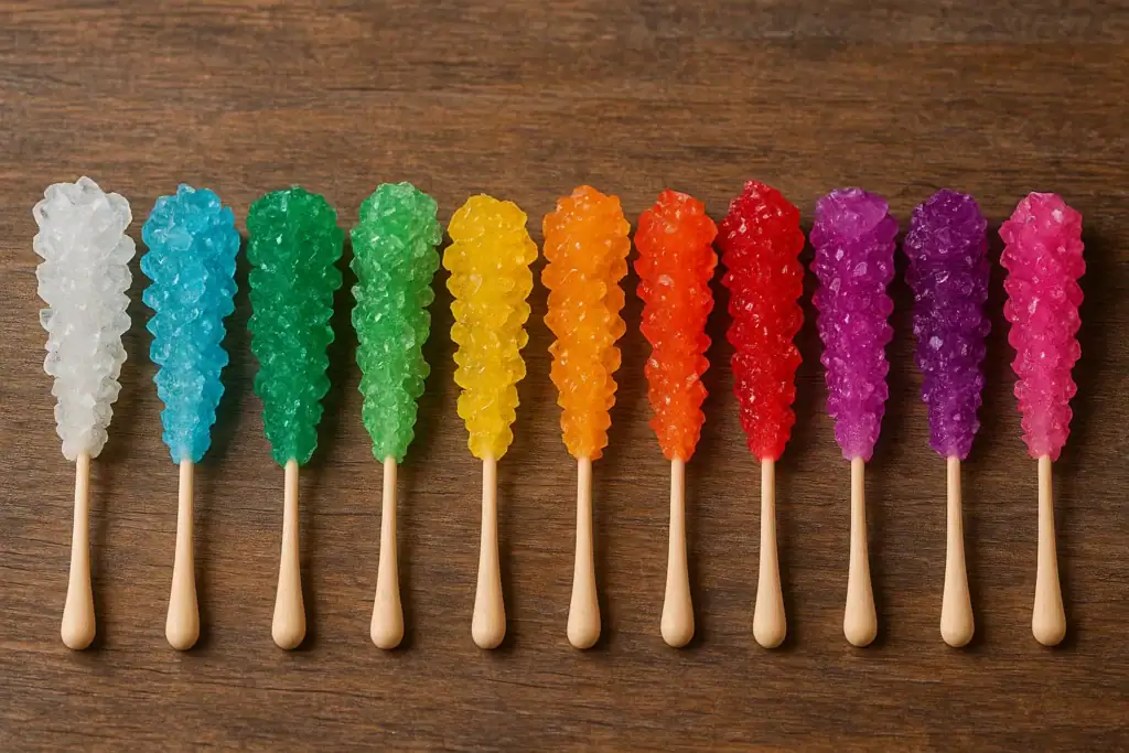 Bunte Zuckerwatte-Stäbchen in verschiedenen Farben auf Holzoberfläche, ideal für wissenschaftliche Dekorationen und Gadgets.
