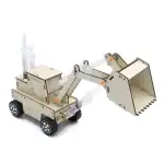 Objet scientifique en bois représentant une mini excavatrice avec éléments de laboratoire.