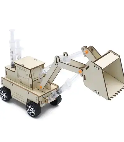 Objet scientifique en bois représentant une mini excavatrice avec éléments de laboratoire.