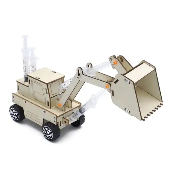 Objet scientifique en bois représentant une mini excavatrice avec éléments de laboratoire.