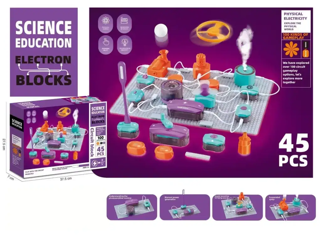 Jeu de circuit électrique éducatif pour enfants de 6 ans, comprenant 45 pièces pour apprendre l'électricité de manière ludique.