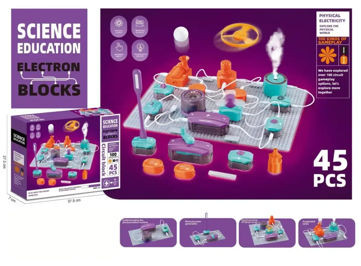 Jeu de circuit électrique éducatif pour enfants de 6 ans, comprenant 45 pièces pour apprendre l'électricité de manière ludique.