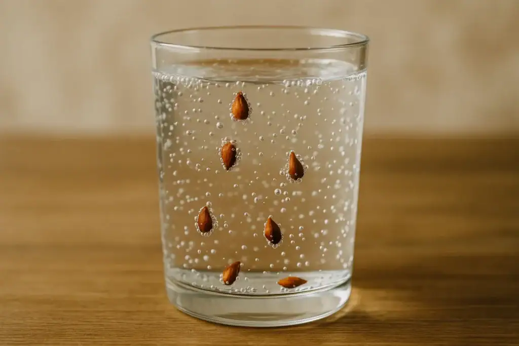 Transparentes Glas mit Wasser, in dem Samen keimen, sichtbar mit kleinen Bläschen und auf der Holzoberfläche.