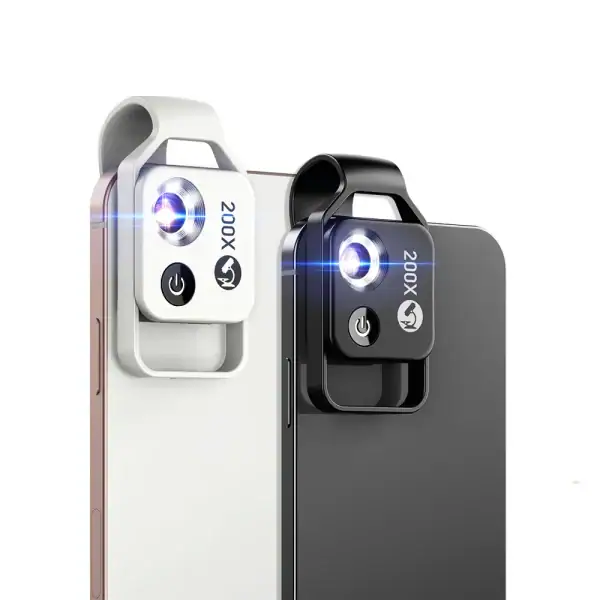 Lampe de poche LED compacte avec zoom 200x, idéale pour la science et l'exploration. Facile à utiliser, avec un design élégant en blanc et noir, parfaite pour les activités scientifiques ou de camping.