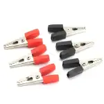 Pince crocodile de test avec pinces rouges et noires pour connexions électriques et expérimentations électroniques. Idéal pour tester circuits et composants.
