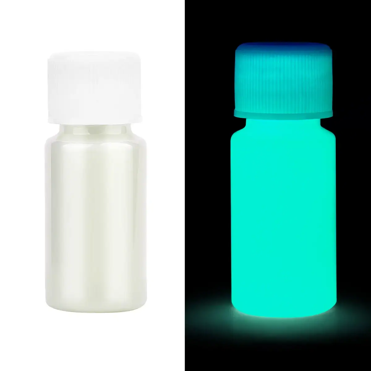 Bouteille de laboratoire phosphorescente blanche, visible en lumière normale et qui brille dans l'obscurité, idéale pour la décoration scientifique ou pour des expériences lumineuses.