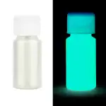 Bouteille de laboratoire phosphorescente blanche, visible en lumière normale et qui brille dans l'obscurité, idéale pour la décoration scientifique ou pour des expériences lumineuses.