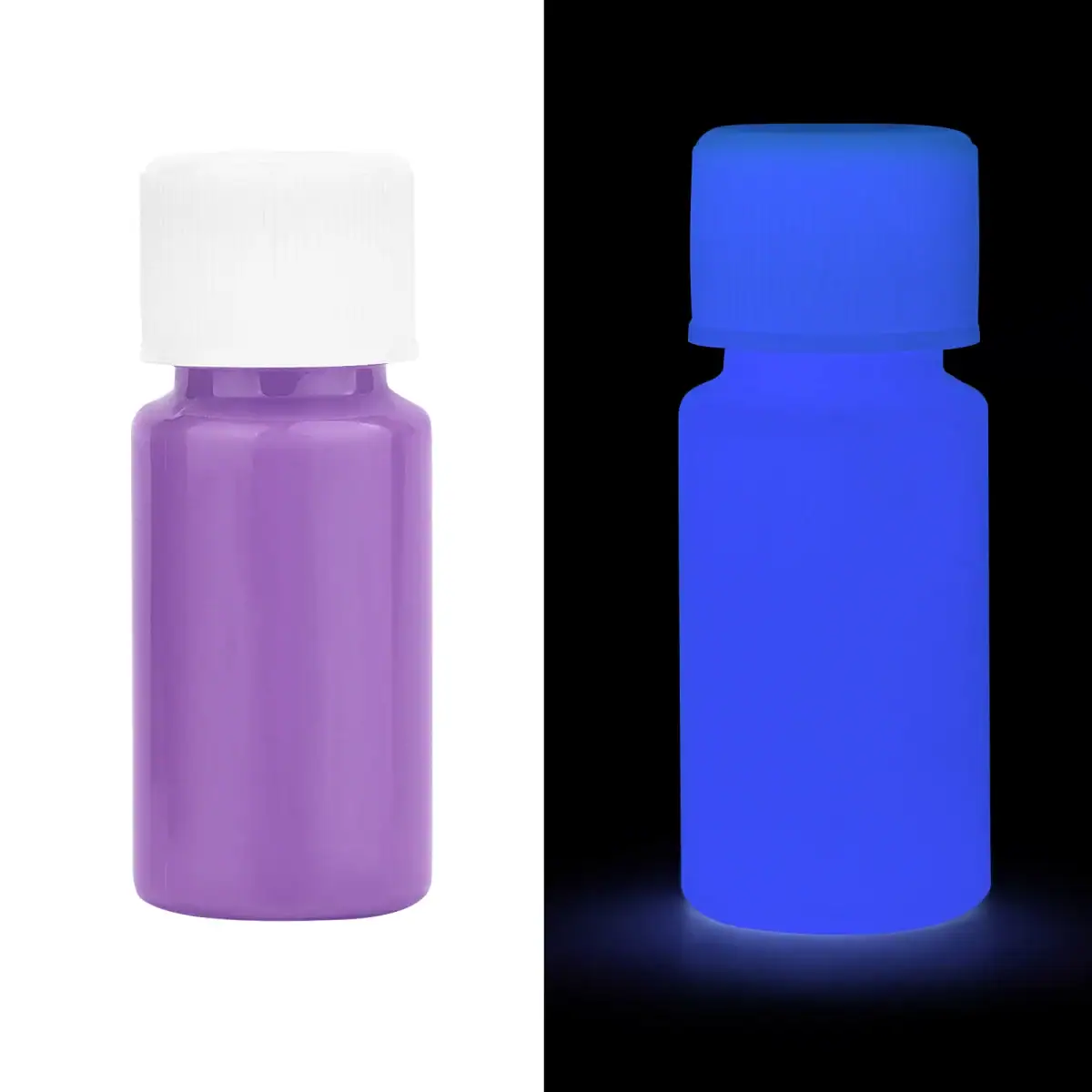 Bouteille de peinture phosphorescente violette visible en lumière normale et qui brille dans l'obscurité, idéale pour décoration ou projets scientifiques lumineux.
