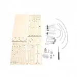 Kit de pièces en bois pour construction de robot avec moteurs, antennes et outils, idéal pour projets éducatifs et DIY en science et technologie.