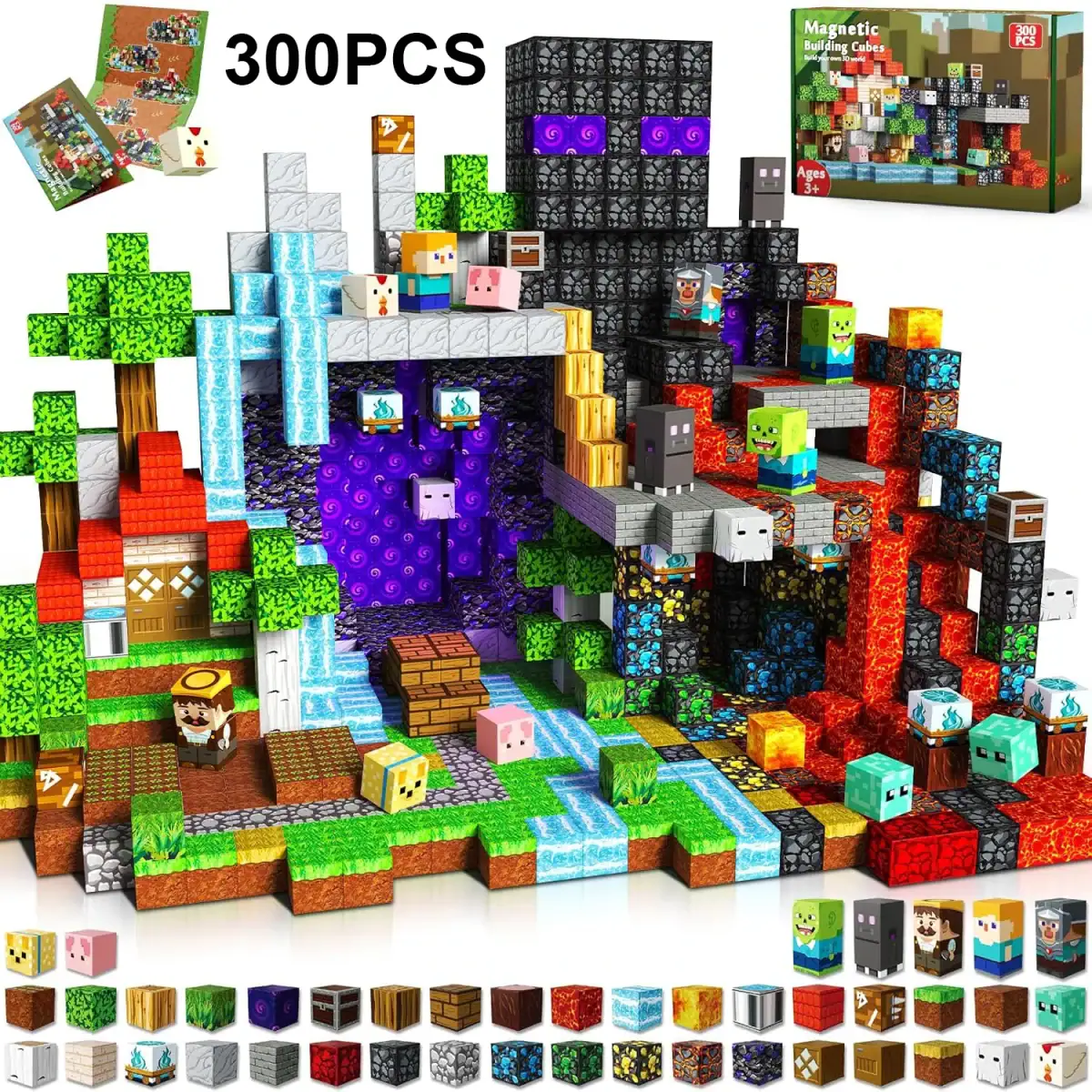 Puzzle de blocs Minecraft avec personnages et éléments de décoration.