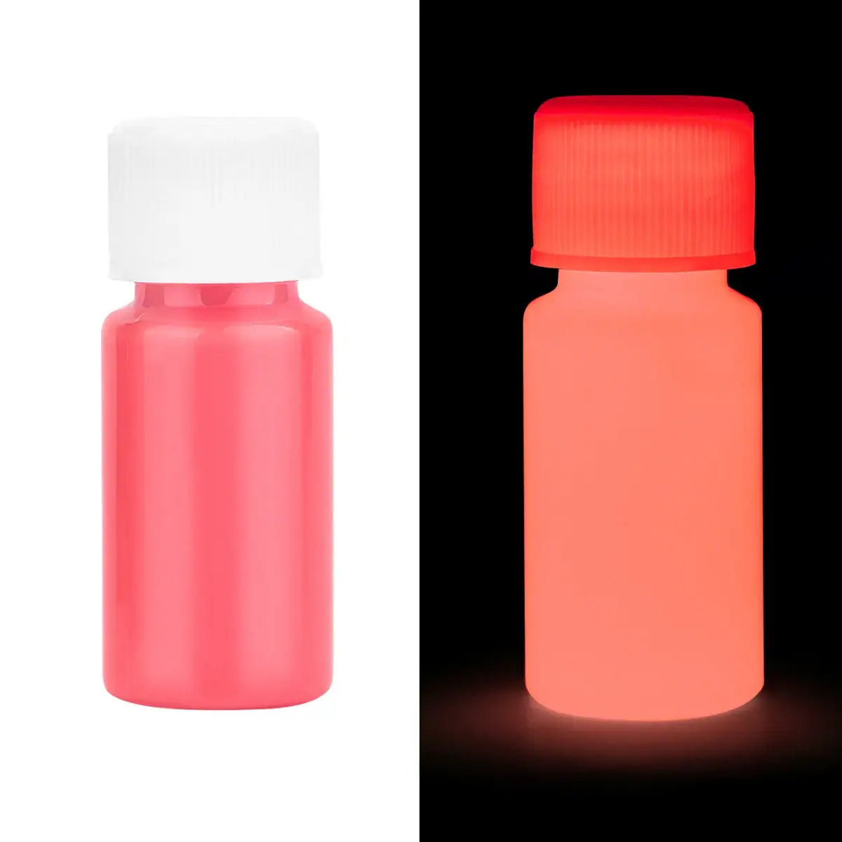 Bouteille de peinture phosphorescente rose visible en lumière normale et sous lumière UV, illustrant la différence d'apparence dans l'obscurité.
