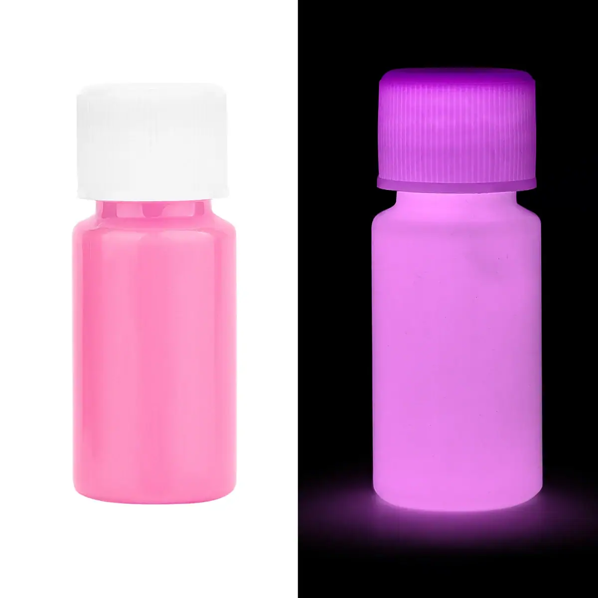 Bouteille de fluorescéine rose et violette, illustrant la luminescence sous lumière UV, utilisée en sciences pour la détection et l'observation.
